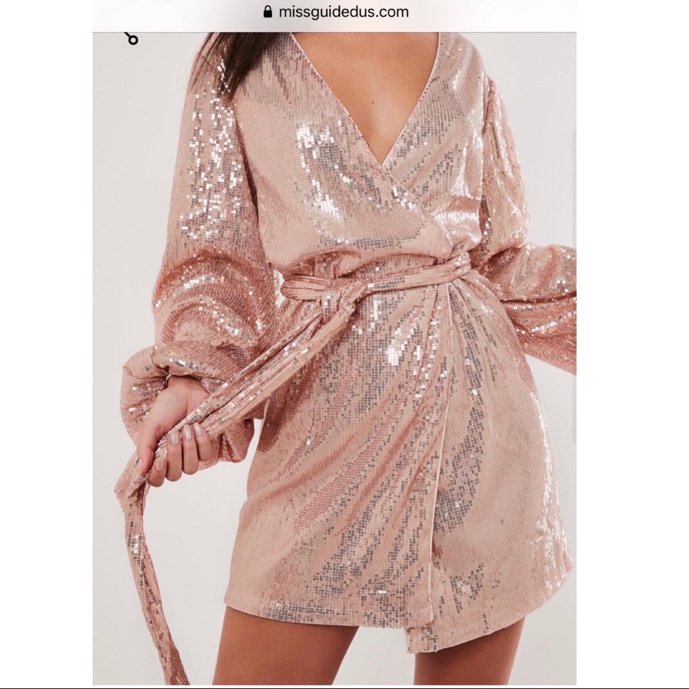 NWOT Missguided Rose Gold Sequin Wrap Dress 14